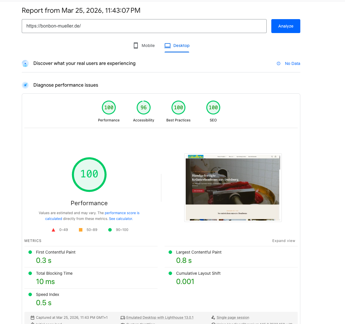 Google PageSpeed Insights Desktop: 100 Performance, 96 Accessibility, 100 Best Practices, 100 SEO