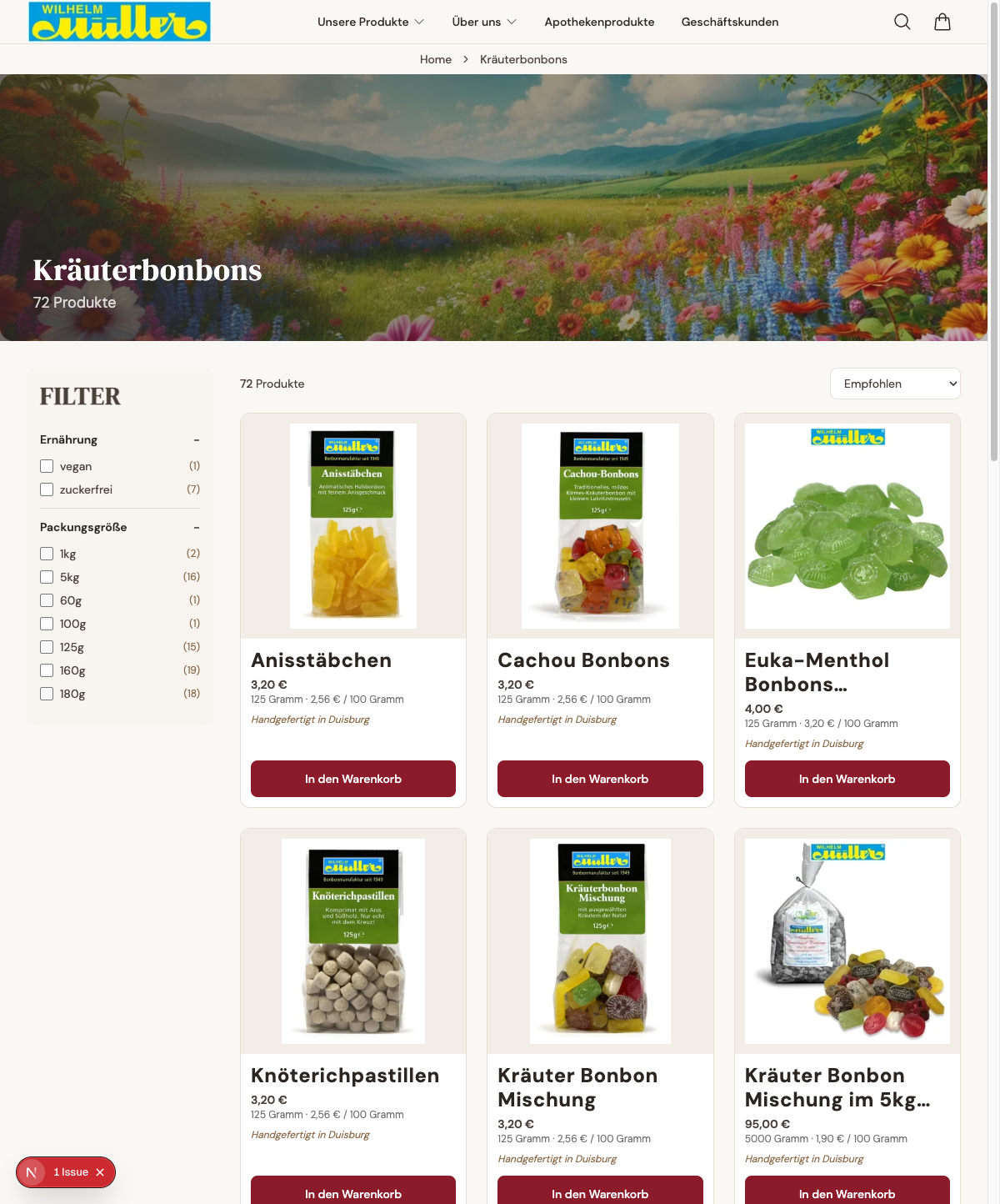 72 Kräuterbonbons mit Filtern, Sortierung und „In den Warenkorb" — ein vollständiger Shop