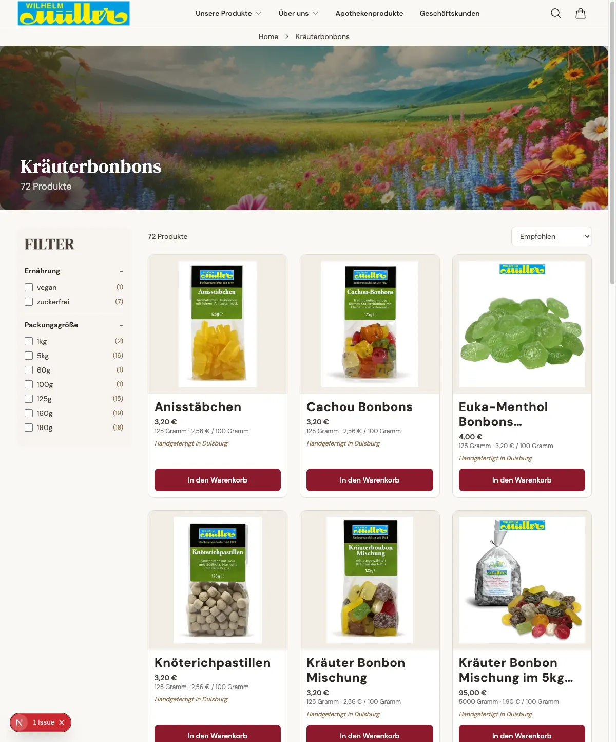 72 Kräuterbonbons mit Filtern, Sortierung und „In den Warenkorb" — ein vollständiger Shop