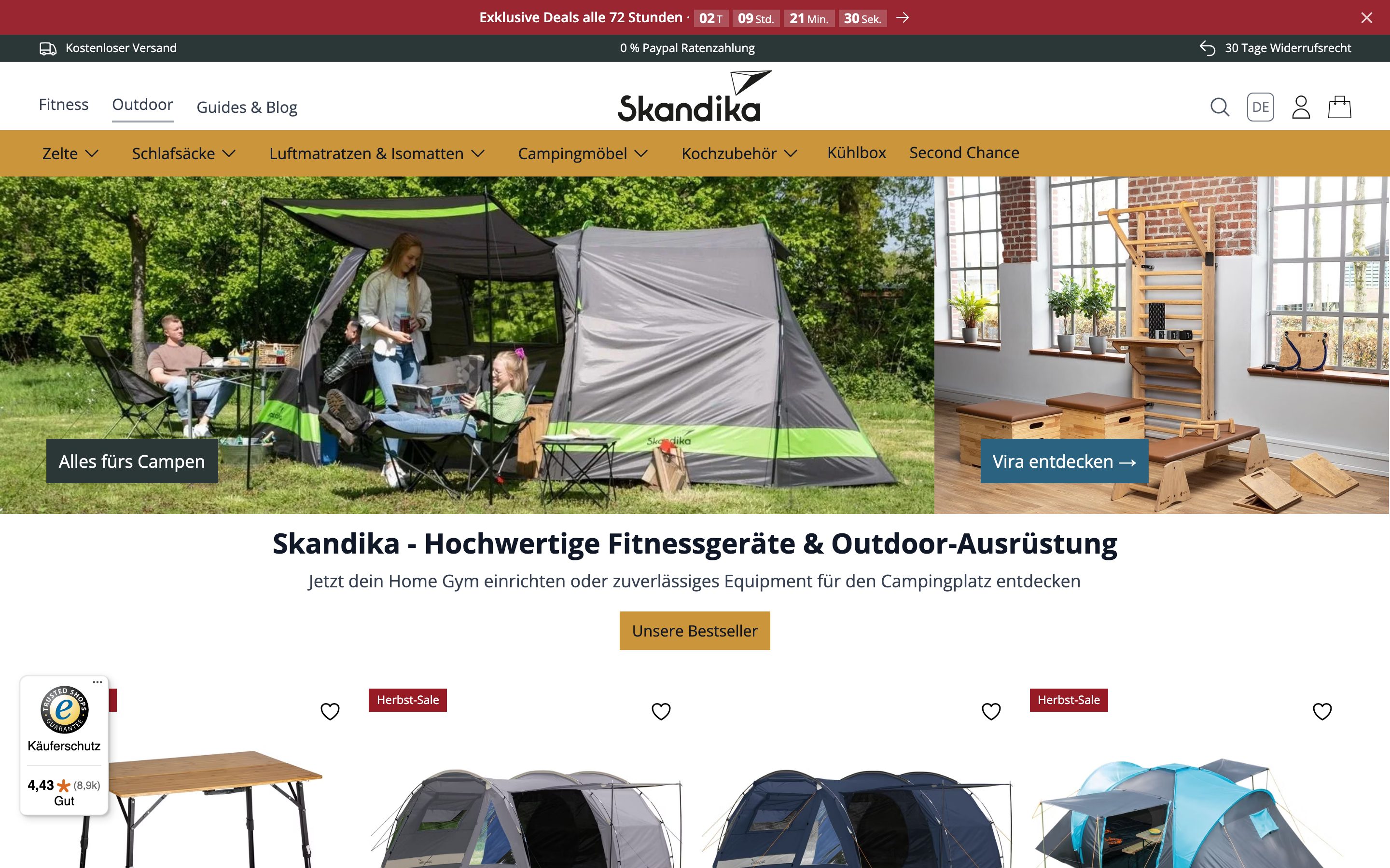 Skandika: Kopfbereich des Onlineshops mit Logo, Navigation und Campingmotiv