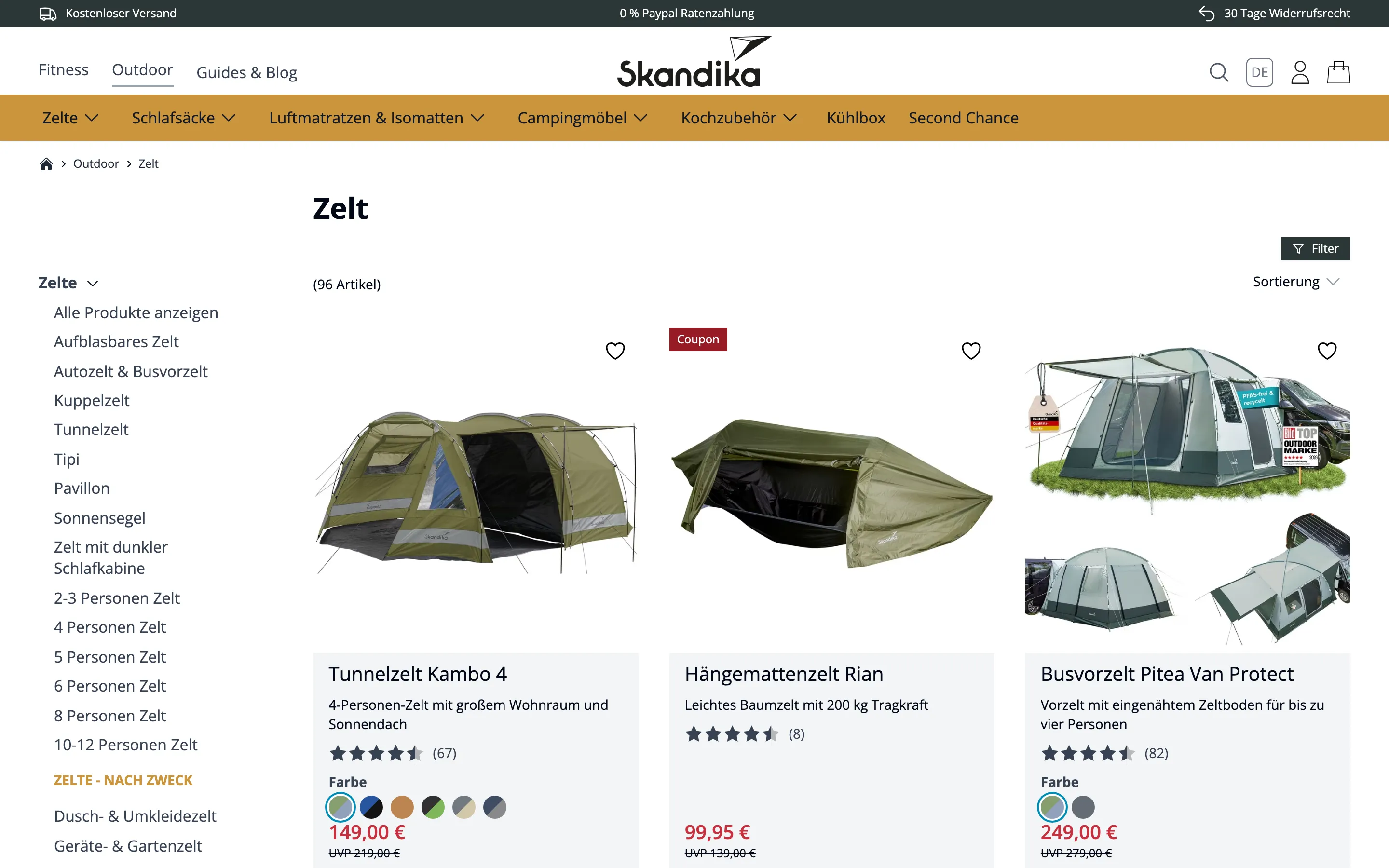 Kategorieseite im Onlineshop von Skandika mit Filtern und Produkten