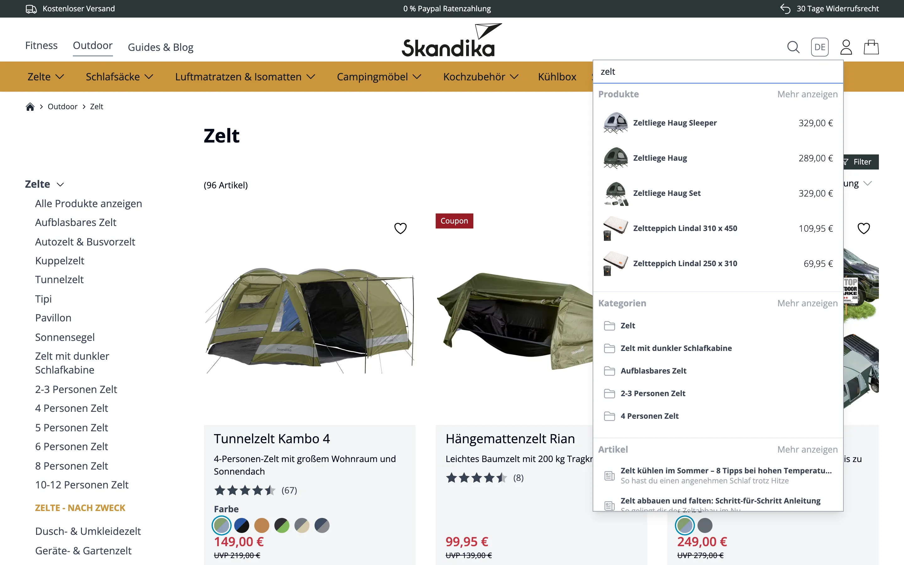 Suche im Onlineshop von Skandika: nach wenigen Buchstaben erscheinen passende Produkte