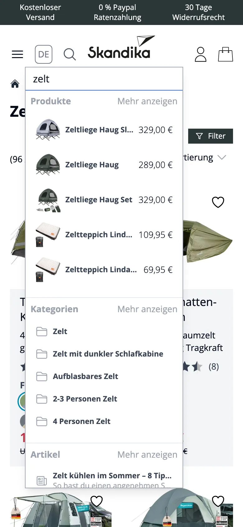 Dieselbe Suche bei Skandika auf dem Handy