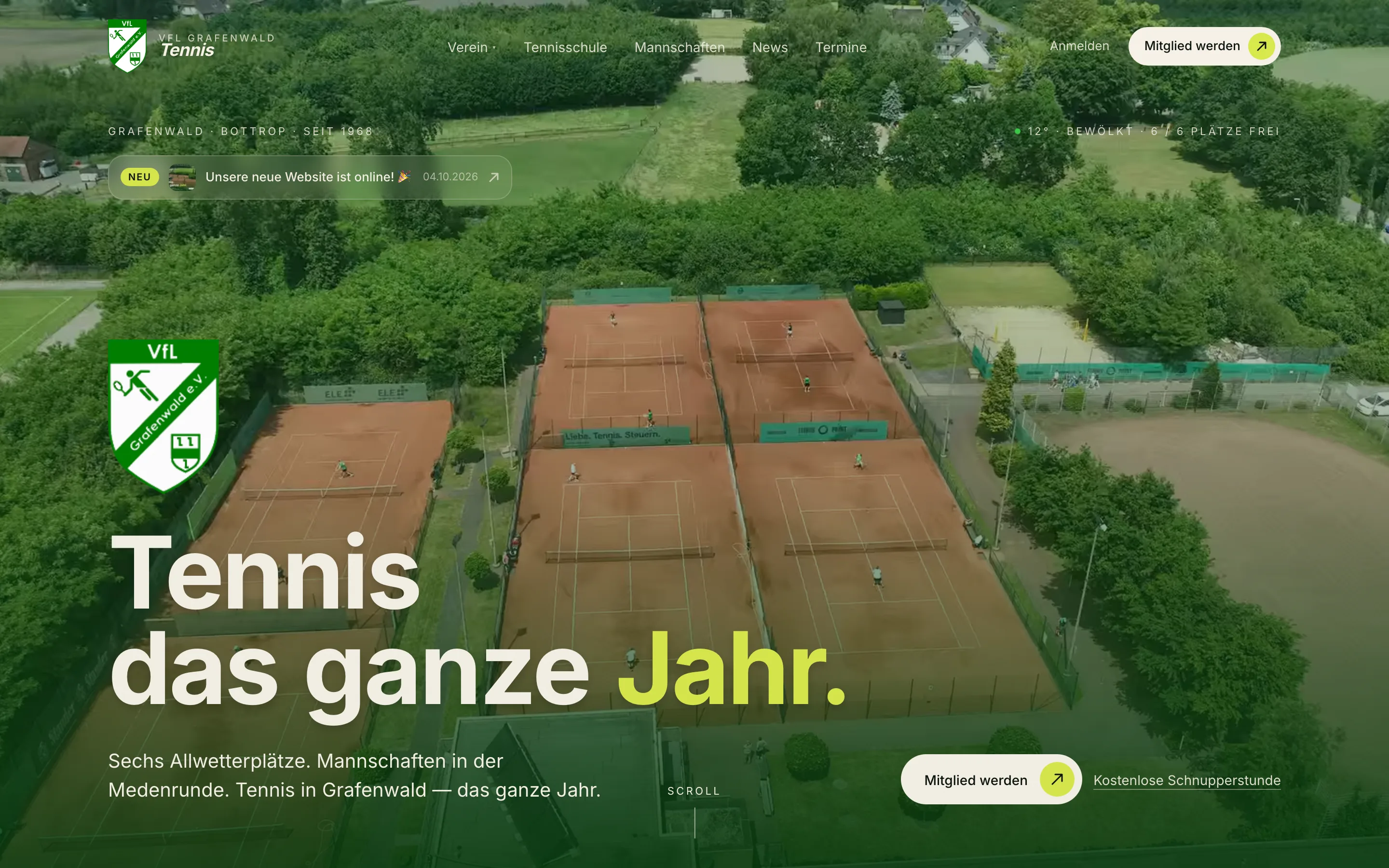VfL Grafenwald Tennis: Kopfbereich der Website in der Desktop-Ansicht
