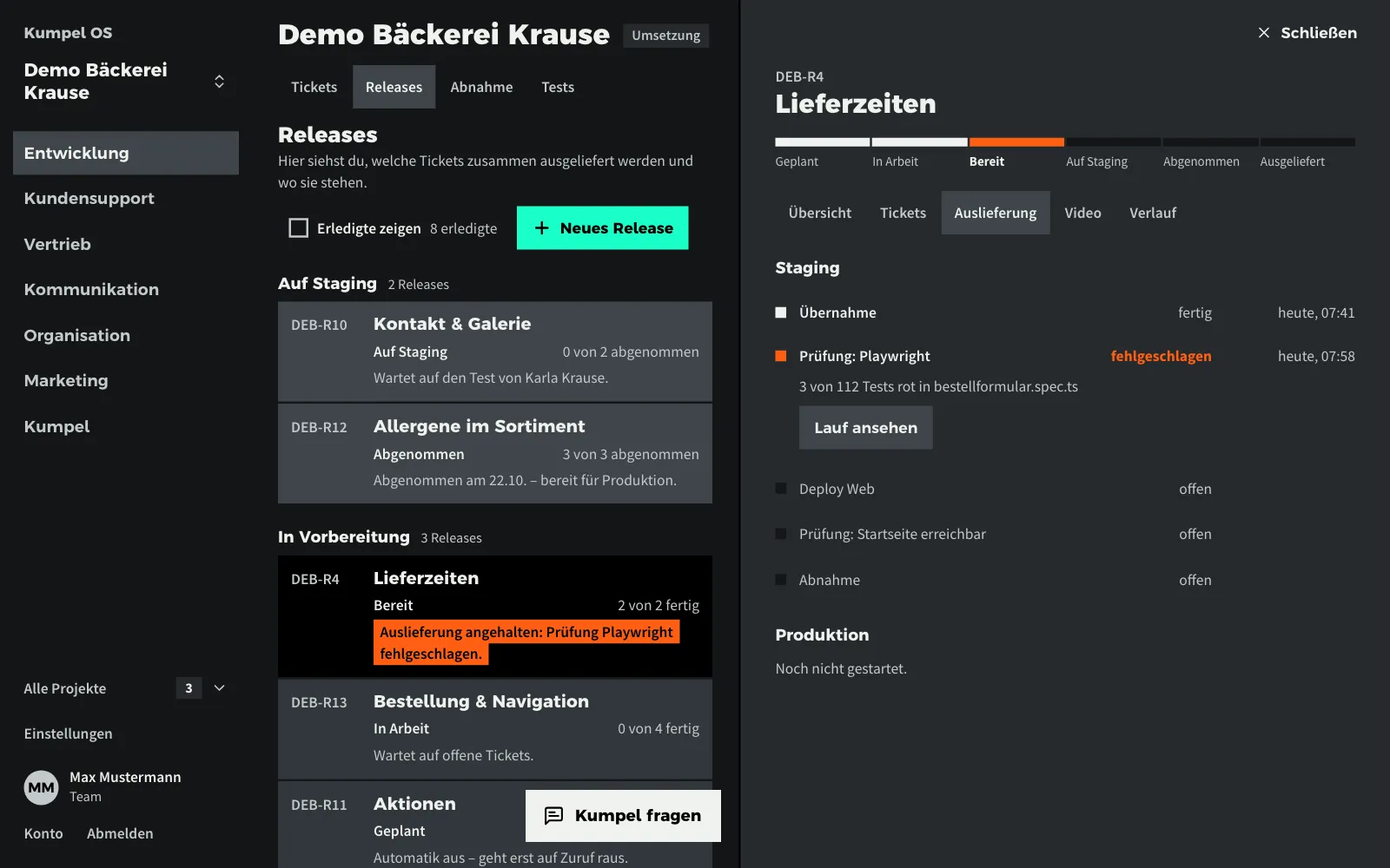 Die Auslieferung hält an: Eine automatische Prüfung im Browser ist fehlgeschlagen (Beispieldaten)