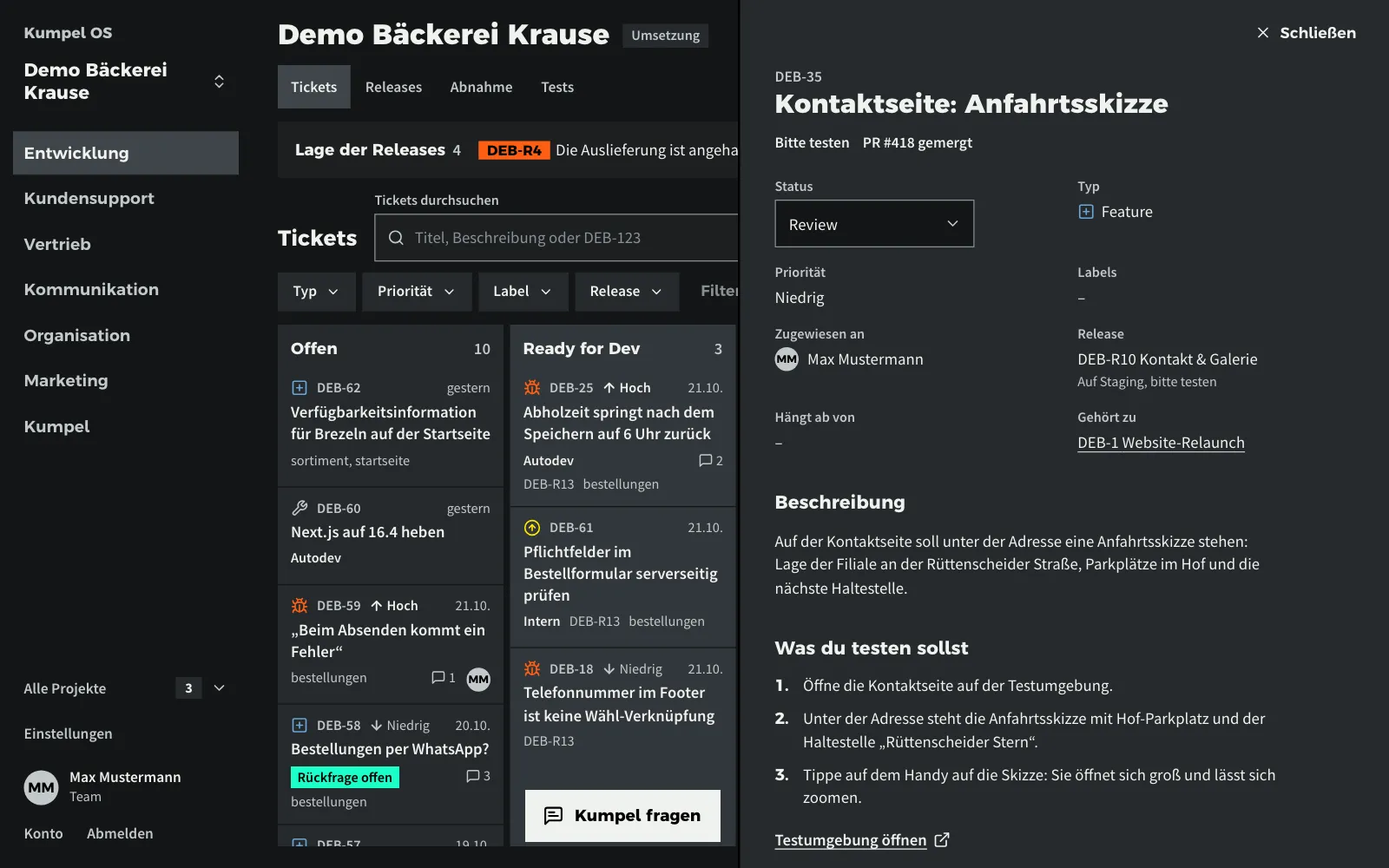 Ein Ticket mit Beschreibung und Testanweisung für die Abnahme (Beispieldaten)