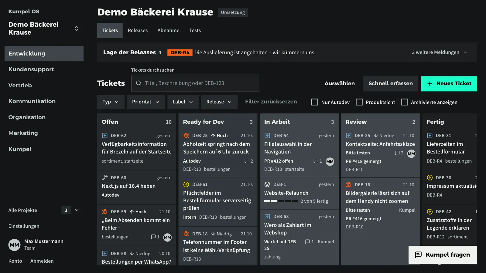 Das Ticket-Board im Kumpel OS: Tickets nach Stand, darüber die Lage der Releases (Beispieldaten)
