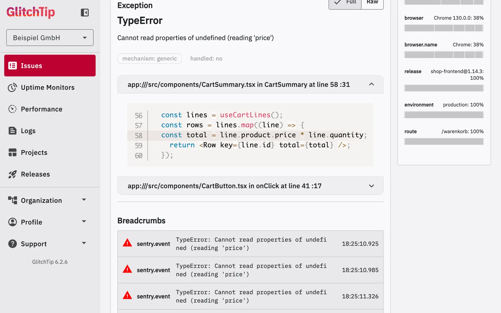 Ein einzelner Fehler in GlitchTip mit Fundstelle im Code und Angaben zum Browser (Beispieldaten)
