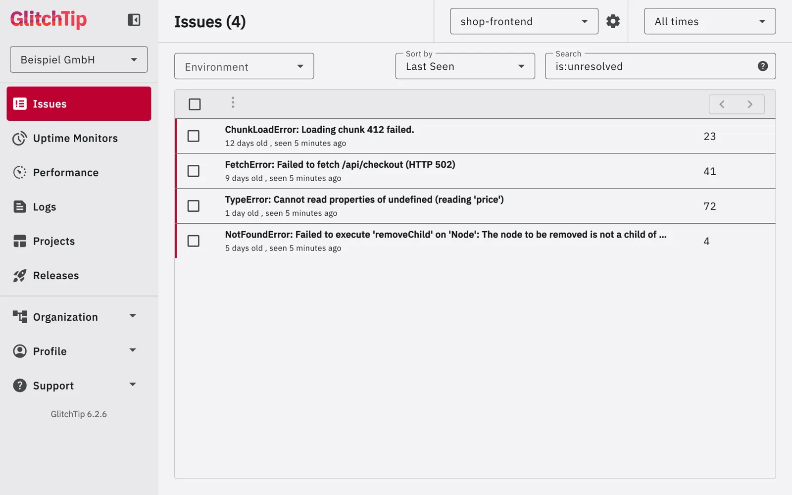 Fehlerliste in GlitchTip: gleiche Fehler zusammengefasst, mit Häufigkeit und letztem Auftreten (Beispieldaten)